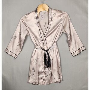Morgan Taylor Intimates Robe Womens XL Silver Floral‎ Satin Kimono Belted Lounge